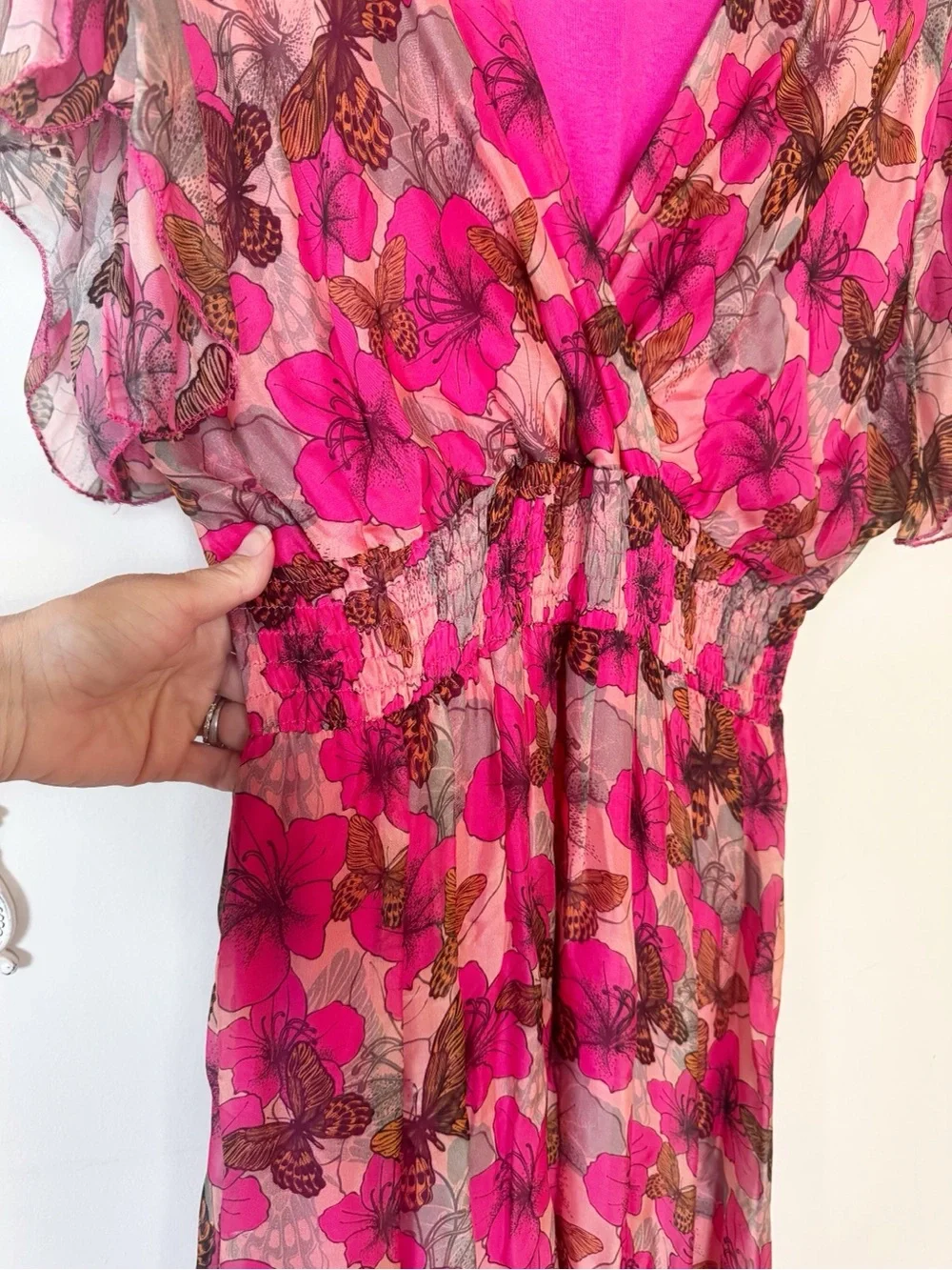 Le Ragazze Pink Floral Butterfly Flutter Sleeve Silk Maxi Dress XL - Picture 6 of 9